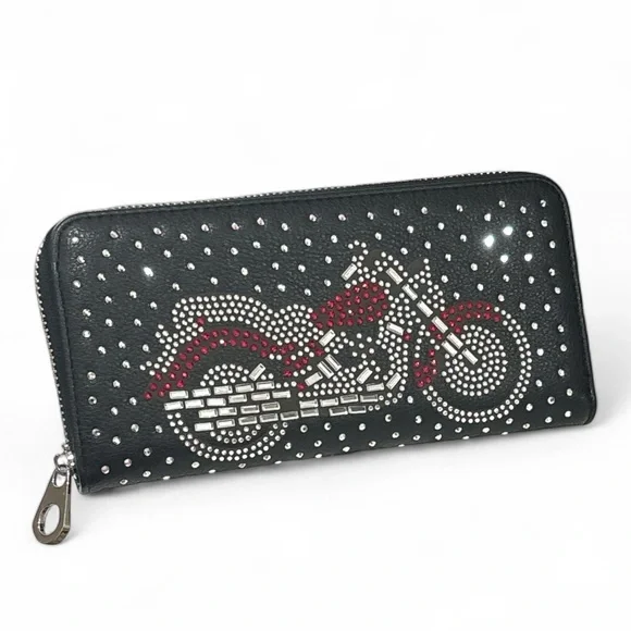 Studded Black Wallet with Motorcycle Design - Picture 1 of 4